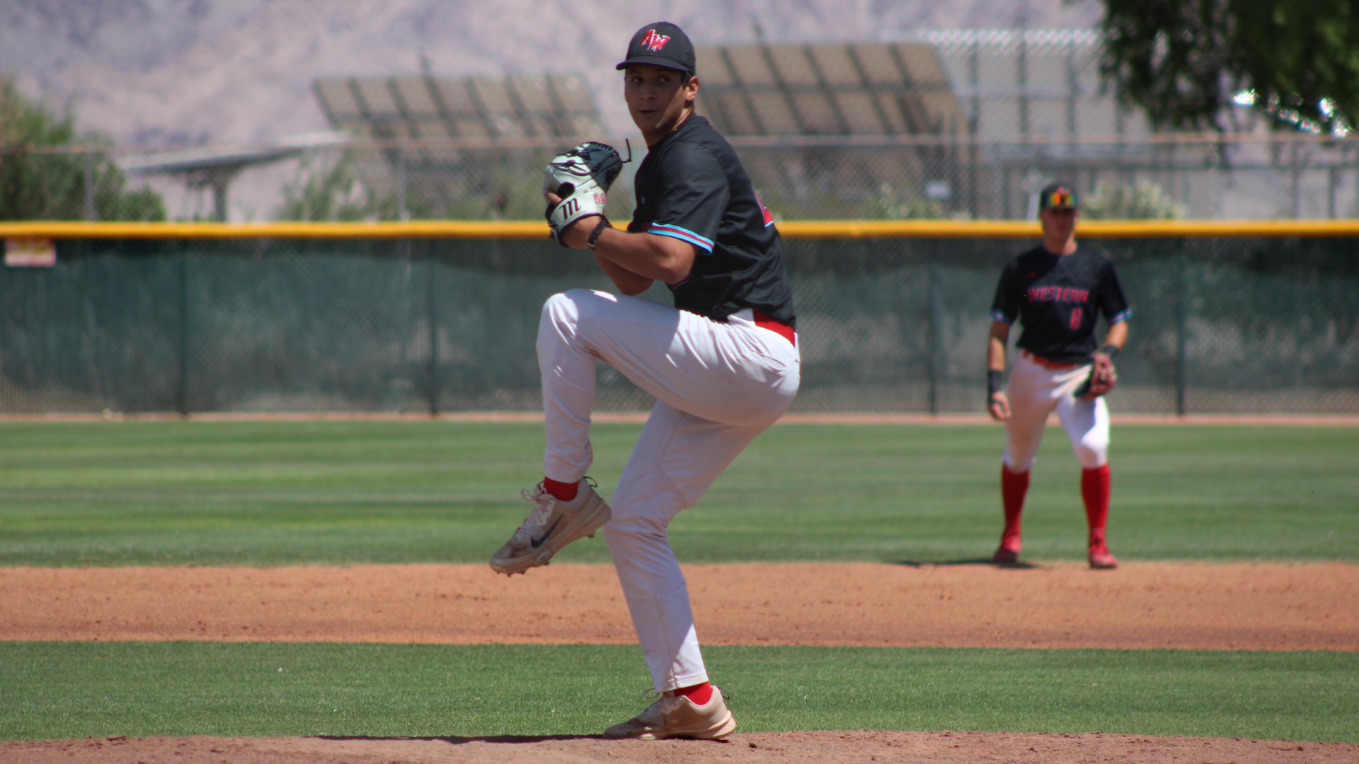 Filippo Baldassarri pitches against Cochise College on April 4, 2026. Photo by Shayden Aguigui