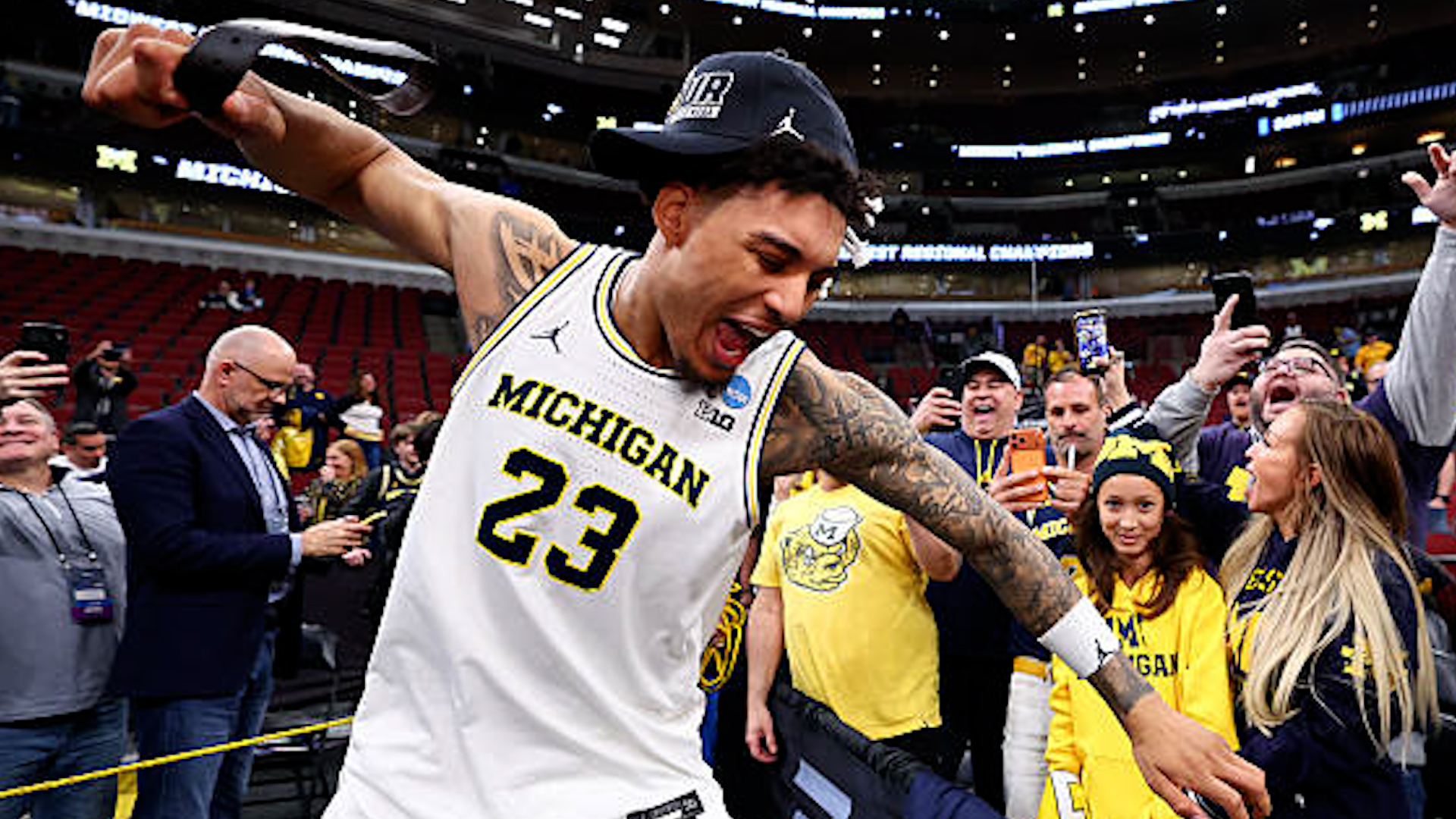 Yaxel Lendeborg celebrates Michigan's advance to the NCAA Final Four. Photo courtesy of Getty Images